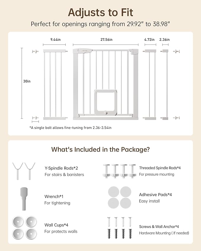 Baby Gate with Cat Door, 29.92-48 ” Wide Baby Gate for Stairs, Pressure Mounted Gate No Drill, Auto Close Dog Gate for Doorways, Easy Walk Through Safety Gates with Pet Door, Indoor, White