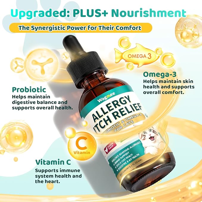 Natural Allergy Relief for Cats, Cat Itchy Skin Allergy Relief - Omega 3 & Probiotic for Allergies Cats, Cat Itch Relief - Skin & Coat Health, Immune Support, Seasonal Allergies - Chicken Flavor