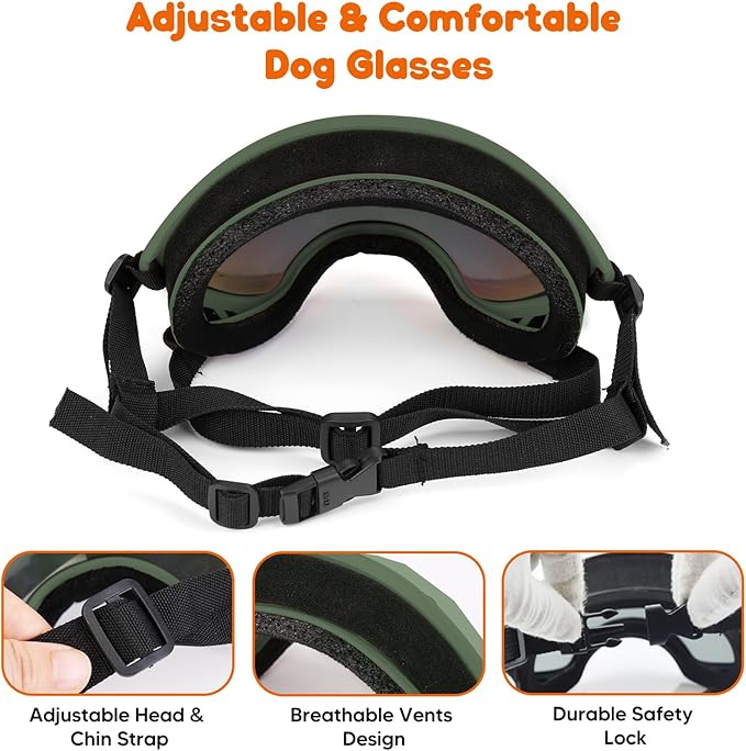 Dog Goggles,UV Protection Dog Sunglasses for Medium-Large Breed,Dogs Eye Protection with Adjustable Strap (Army Green)