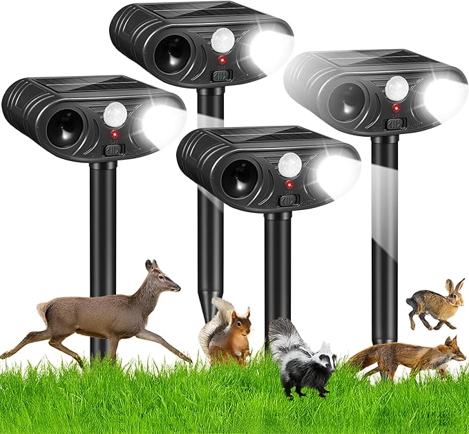 2026 Solar Ultrasonic Racoon Fortress Pro, Deer Cat Repellent Devices Animal Repeller Squirrel Rabbit Deterrent Outdoor with Motion Sensor&Flash Light to Scare Dog Skunk Out of Garden Yard(4Pack)