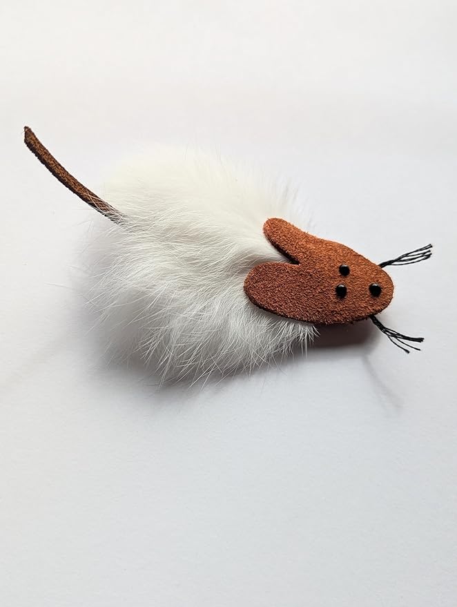 The Original, Trademarked, Flat Rat Cat Toy Made of Real Rabbit Fur and Suede Leather (White)