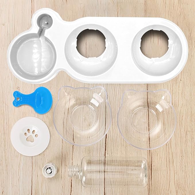Triple Dog 3-in-1 Tilt Cat Bowls - Double Food Bowls with Automatic Water Bottle, Removable Wet & Dry Food Bowl Set for Small Cats & Puppies (White)