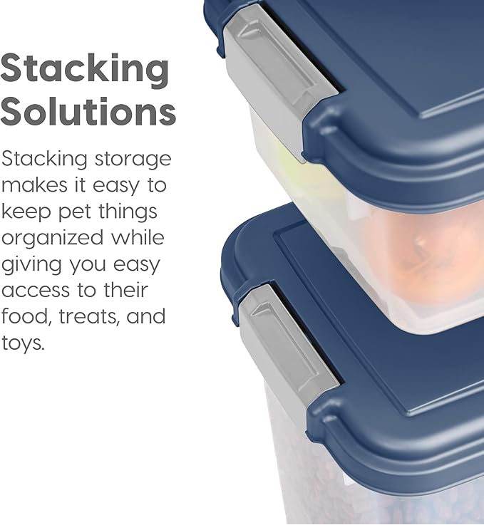 IRIS USA Dog Food Storage Container, 30 lbs & 11 lbs Combo, Cat Food Storage Container, Dog Treat Container, Airtight, Stackable, Wheels, Easy Mobility, Navy