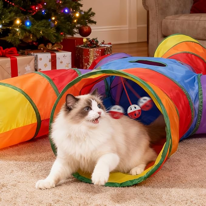 Joytale 5-Way Cat Tunnels for Indoor Cats, Pet Tube Toy with Play Ball and Toy Mouse, S-Shape Collapsible Tunnel with Interactive Hole for Kitty, Kitten, Rabbit, Puppy (Rainbow)