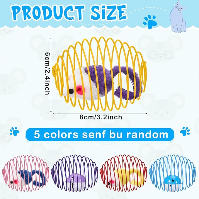 Jecery 5 Pcs Cat Spring Balls Toys Stretchable Rolling Balls Colorful Playful Coils Interactive Action Toy Caged Rats for Kitten Pet Supplies (Mouse and Bell,Mix Colors)