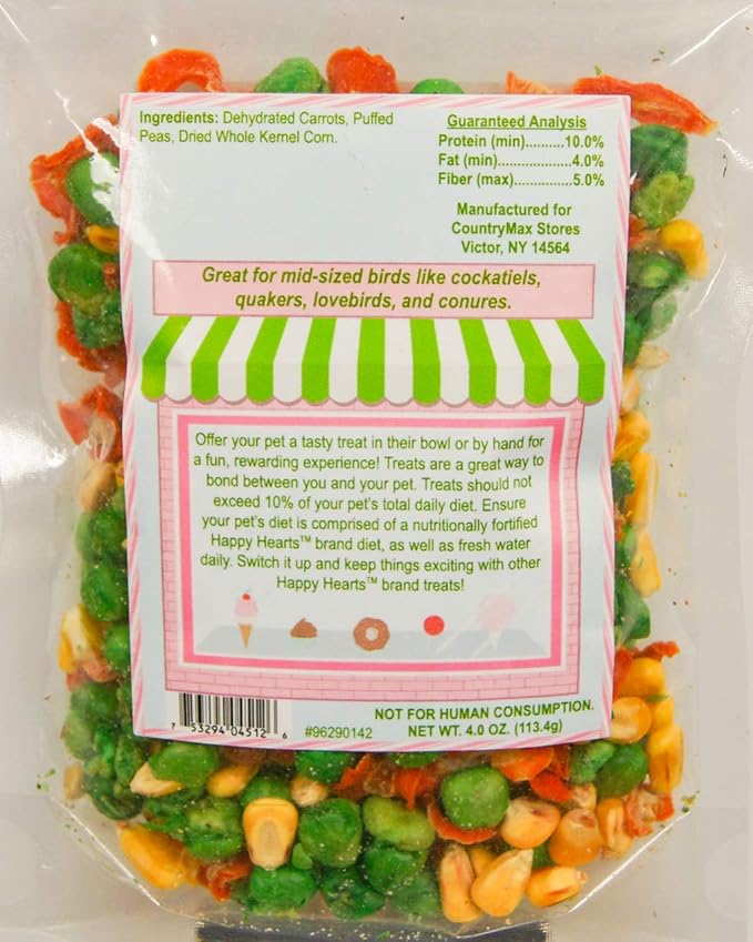 Happy Hearts Treat Shop Garden Bites Carrots and Peas Bird Treats for Cockatiels, Conures 4 oz.