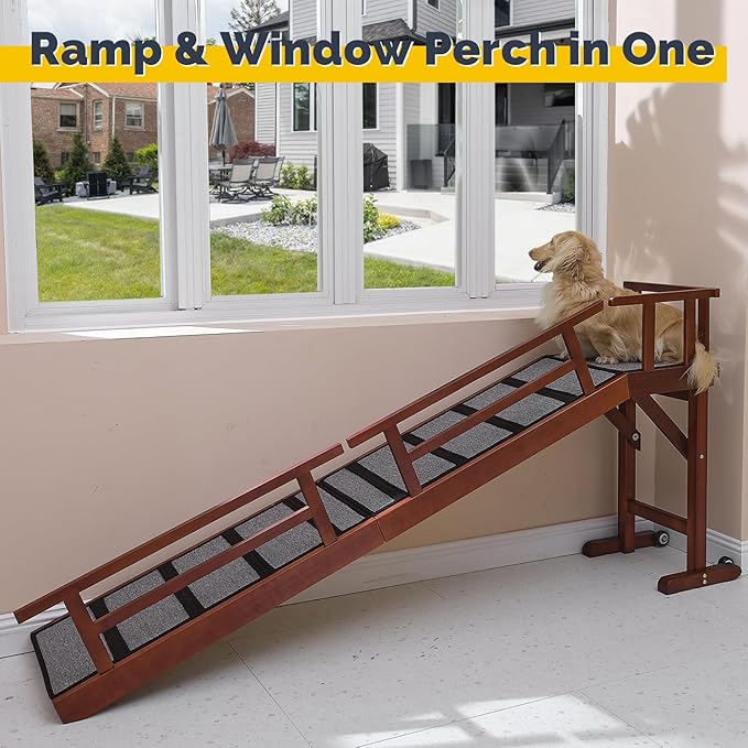 Dog Ramp for Bed or Couch, Wooden Pet Ramp with 20° Gentle Slope, Removable Side Rails, Non-Slip Surface, Top Platform & Wheels, Safe Bed Ramp for Small, Large & Senior Dogs, 74" Long, Mahogany
