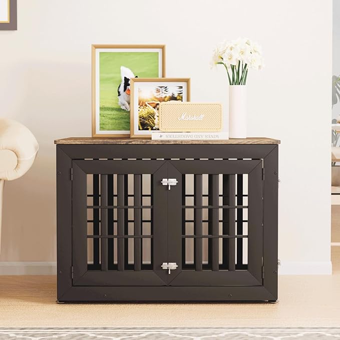 38" Heavy Duty Dog Crate Furniture for Small,Medium and Large Dogs,Rustic Wooden Dog Cage Kennel Indoor Furniture with Waterproof Top,Decorative Pet House Side End Table (Black & Wood)