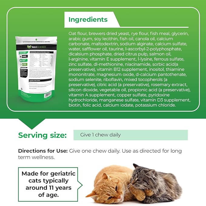 VetriScience Senior 27+ Active Health Chews, Nu Cat Daily Multivitamin for Senior Cats, Balanced Vitamins, Minerals and Antioxidants, Healthy Aging and Wellness Support, Fish, 30 Count