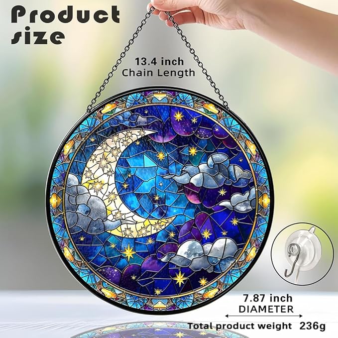 Moon Suncatcher Stained Glass Window Hanging Decor-Celestial Night Sky Design for Indoor Windows, Bedroom or Living Room, Unique Gift for Women, Housewarming, New Home and Spiritual Space Decoration