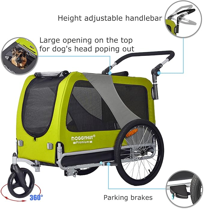 DOGGYHUT® Premium Large/XL Pet Bike Trailer & Stroller for Large Sized Dog or Multiple Small Dogs,Low Center of Gravity,Parking Brakes,Easy Folding Frame,Bicycle Carrier