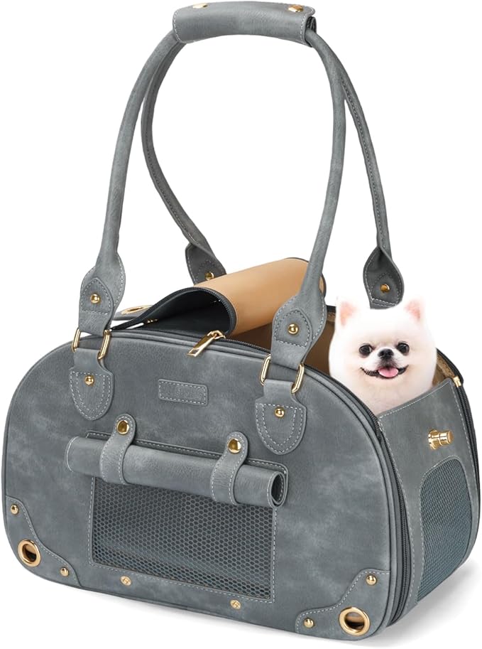 PetsHome Dog Carrier Purse, Pet Bag Bling Waterproof Premium Leather Pet Travel Portable Bag for Cat and Small Dog Home & Outdoor Small Grey