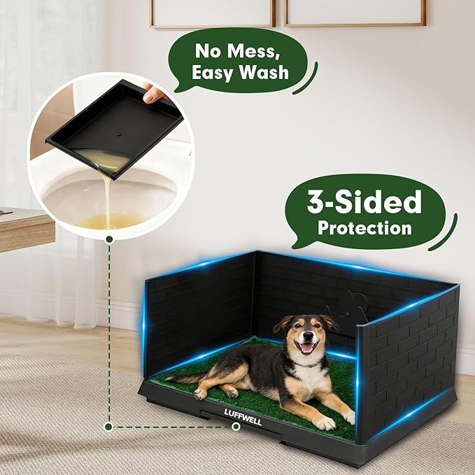 Dog Grass Pad with Tray & Drawer, Indoor Dog Potty Training System, 2 Reusable Turf Pads, 3 High Walls for Splash Protection, Easy-Clean Urine Collection Drawer for Small/Medium Dogs