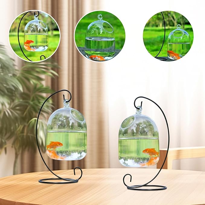 Hanging Transparent Fish Bowl with Stand, Space-Saving Glass Vase Aquarium for Home & Office