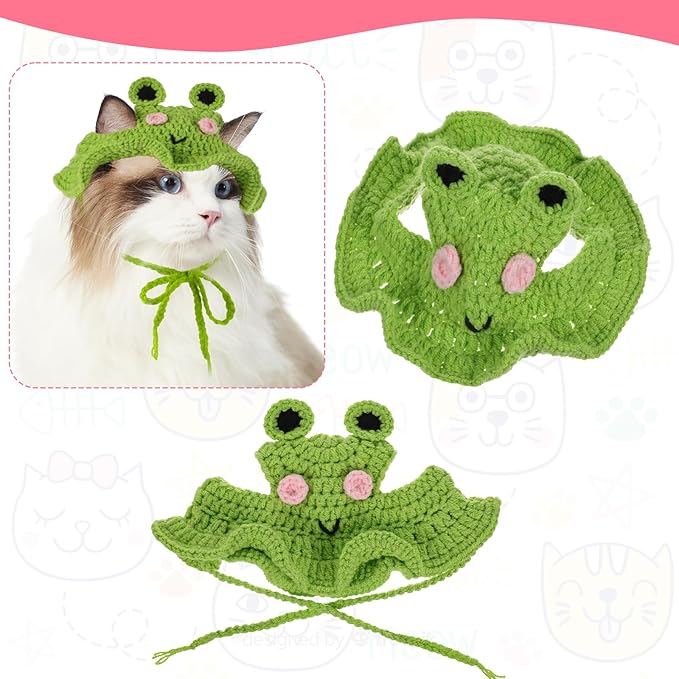 Frog Cat Hat, Cotton & Soft Cute Knitted Cat Hat Birthday Party Christmas Puppy Hats for Small Pets (Green, M)