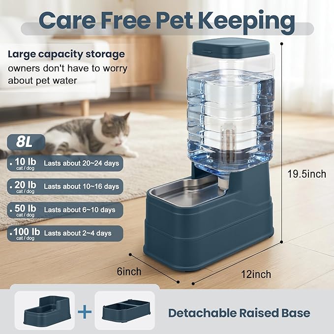 Automatic Dog Water Dispenser Gravity Stainless Steel Water Feeder Cat Waterer Feeder with Wide Mouth Bowl for Small Medium Dog Puppy Kitten (Filter &Ice Pack Included) 2.2Gallon Navy