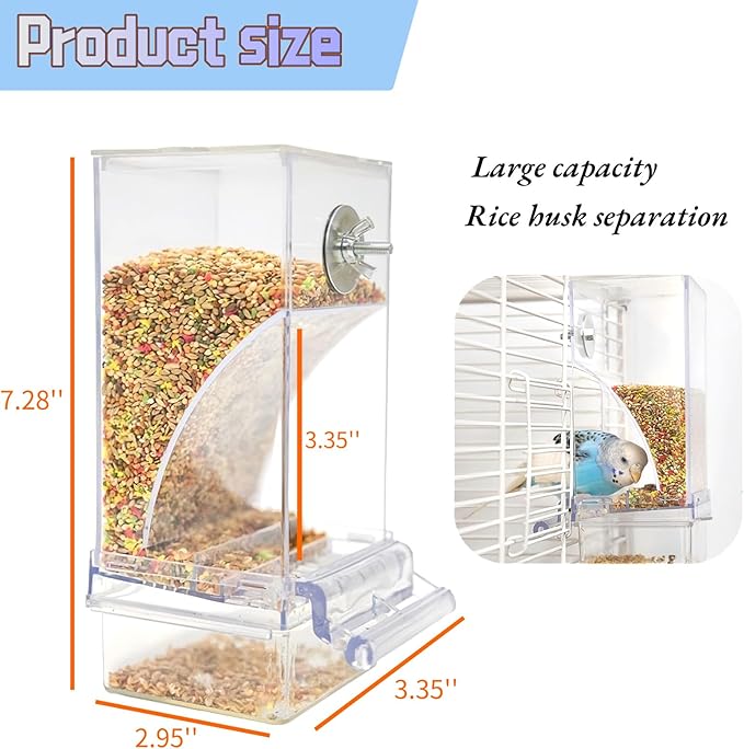 Automatic Bird Feeder for Cage No Mess Parakeet Feeder Seed Food Container Feeding Station Cage Accessories for Small Birds Parrot Canary Lovebirds(Transparent)