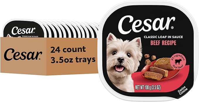 Cesar Classic Loaf in Sauce Adult Wet Dog Food Beef Recipe, 3.5 oz. Easy Peel Trays, 24 Count (Pack of 1)