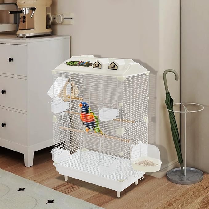 2-Door Wrought Iron Bird Cage Parakeet Cage with Roof, 30" H Parrot Cage Pet Birds Flight Cage, Interactive Birdcages Bird House Travel Cages for 4-6 Small Birds (Iron Mesh)