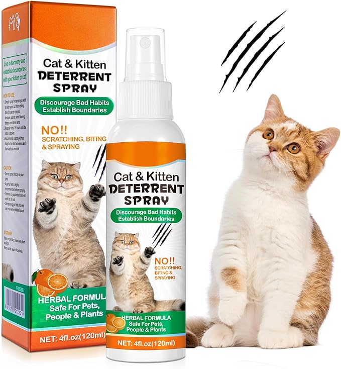 Cat Deterrent Spray for Indoor & Outdoor - Natural Repellent to Prevent Scratching & Urine Marking on Furniture, Sofas, Rugs, Curtains - Safe Cat Behavior Training Aid with Natural Ingredients 4 fl oz