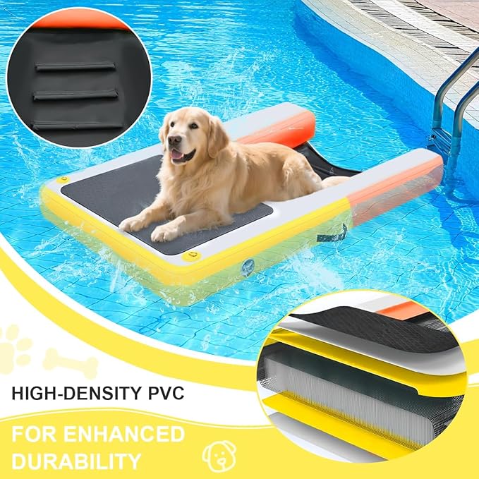Inflatable Dog Water Ramp, Non-Slip Floating Dock Ladder for Pools, Boats & Lakes, Pool Ramp for Dogs Up to 200 Pounds, Orange Yellow