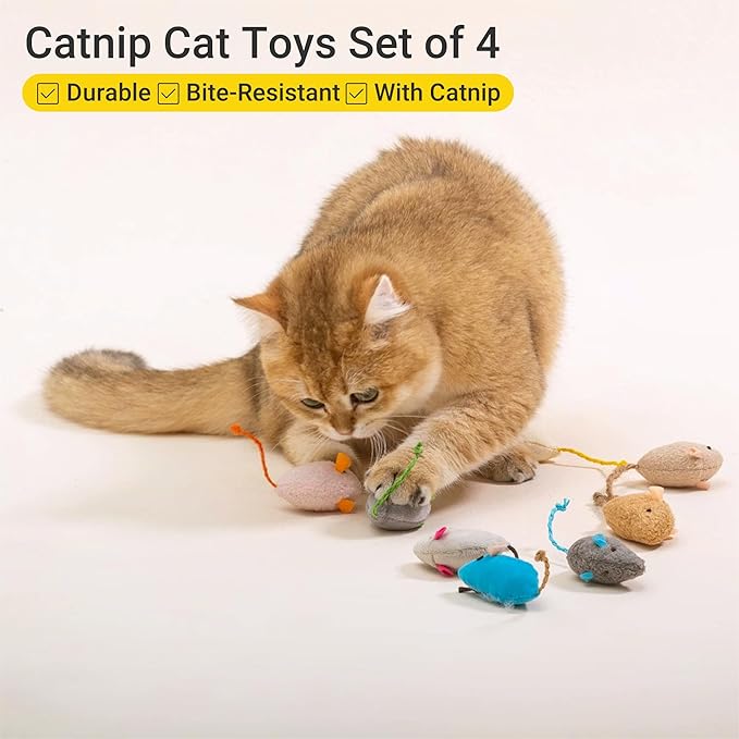 Cat Toys, 4 Pack Plush Catnip Cat Mouse Toy Interactive Cat Toy for Bored Indoor Adult Cat Play, Kitten Feline Chew Toy 5.91” Realistic Design Mini Mice Toy, 4 Assorted Colors, Value Pack