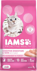 IAMS Proactive Health Sensitive Digestion & Skin Dry Cat Food, Adult Cat Food Dry Recipe with Real Turkey, 3 lb. Bag