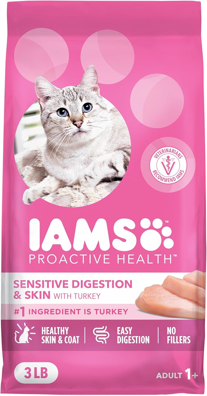 IAMS Proactive Health Sensitive Digestion & Skin Dry Cat Food, Adult Cat Food Dry Recipe with Real Turkey, 3 lb. Bag