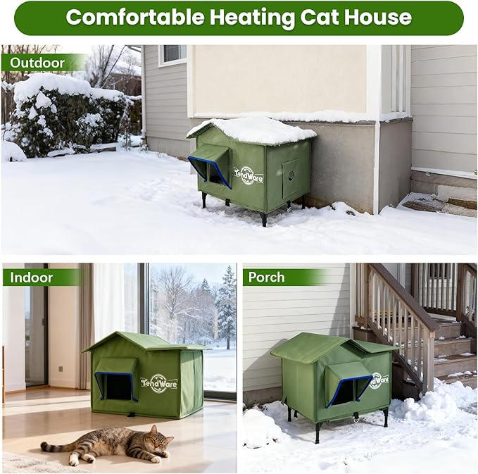 Outdoor Cat House Heated Cat House for Outside with Elevated Base Cat-Attracting Eave Design Feral Stray Shelter Weatherproof in Winter Garage Yard Porch
