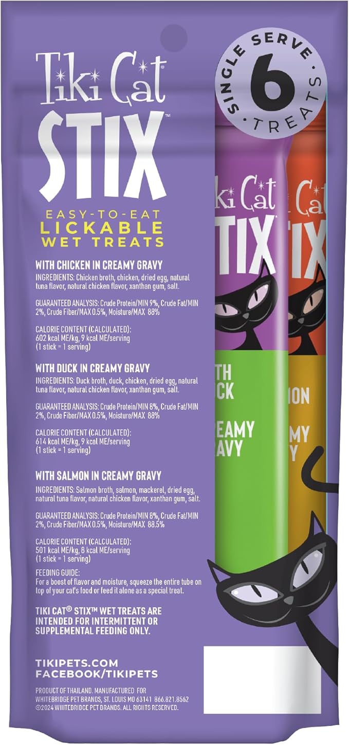 Tiki Cat Stix Wet Treats, Grain Free Lickable Smooth Mousse Blend in Creamy Gravy, Variety Pack 6 Stix 1 Pouch