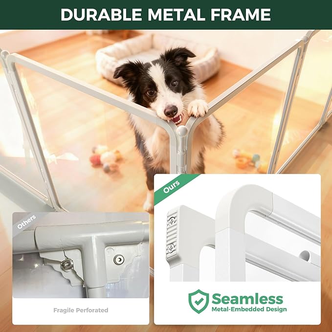 FXW AuraSpace Pro Metal & Acrylic Indoor Dog Playpen, All-Acrylic Clear Heavy-Duty Design, 32" Height 8 Panels for Small and Medium Dogs, White│Patented