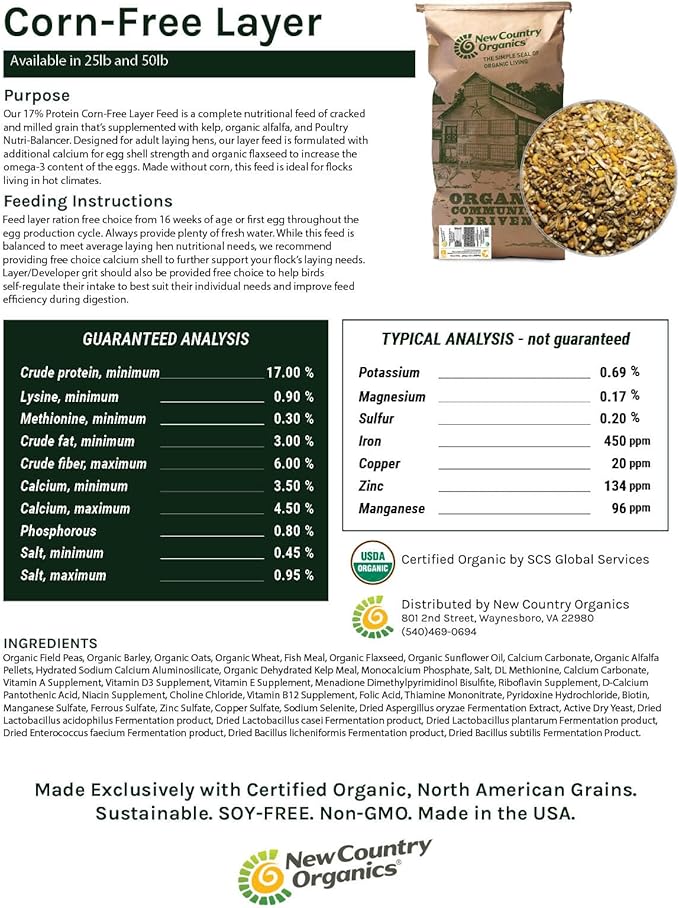 New Country Organics | Corn-Free Classic Layer Chicken Feed for Laying Hens | Corn-Free and Soy-Free | 17% Protein | Certified Organic and Non-GMO Chicken Food | 25lbs Bag