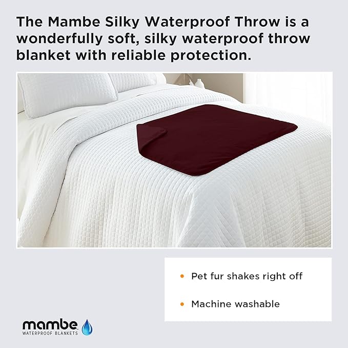Mambe Silky Waterproof Throw for Protecting Furniture Bed Couch from Stains Caused by Dogs, Cats, Incontinence. Soft, Washable, Reversible. (Size Small 2-Pack 30x35 inches, Color Merlot)