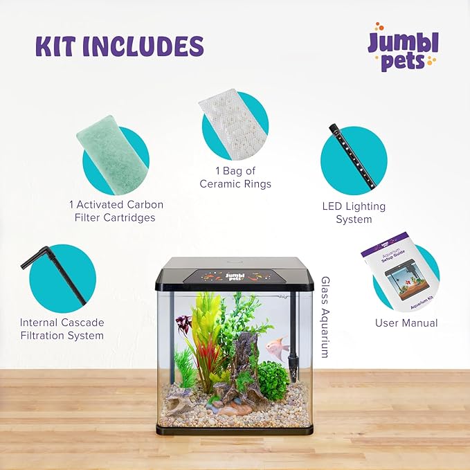 JumblPets Starter Fish Aquarium Kit, 2 Gallon, Complete Beginner Glass Fish Tanks Set with LED Lighting, Internal Filtration System, Filter Media Set, Hood & Lid, Ideal for Freshwater and Marine Fish
