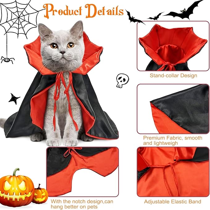 Cat Halloween Costumes, Adjustable Vampire Cape Cloak Accessories for Kitten & Small Dogs, Black Bat Cat Masks Cosplay,C at Outfits Suitable for Halloween, Costume Parties and Other Events