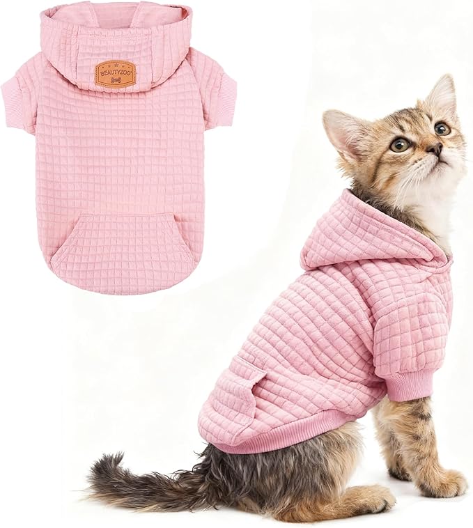 BEAUTYZOO Small Dog Hoodie Sweater with Pockets, Dog Clothes for Small Medium Dogs Boy Girl, Waffle-like Laminated Cotton Pet Coats with Hat and Leash Hole, All Weather Coat for Puppy Doggie Chihuahua