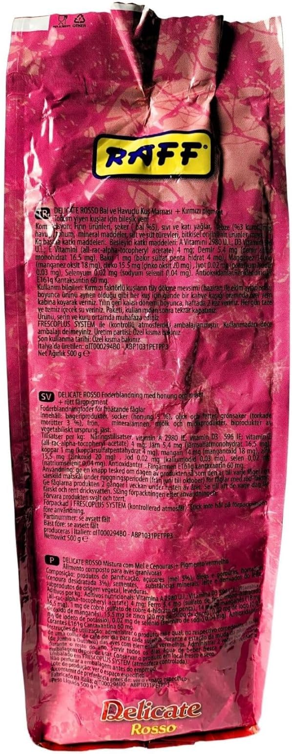 Raff Delicate Rosso 500g – Red Canary Food Enriched with Honey and Carrots – Specialized Red Factor Formula for Seed-Eating Birds Seeking Vibrant Plumage and Optimal Health