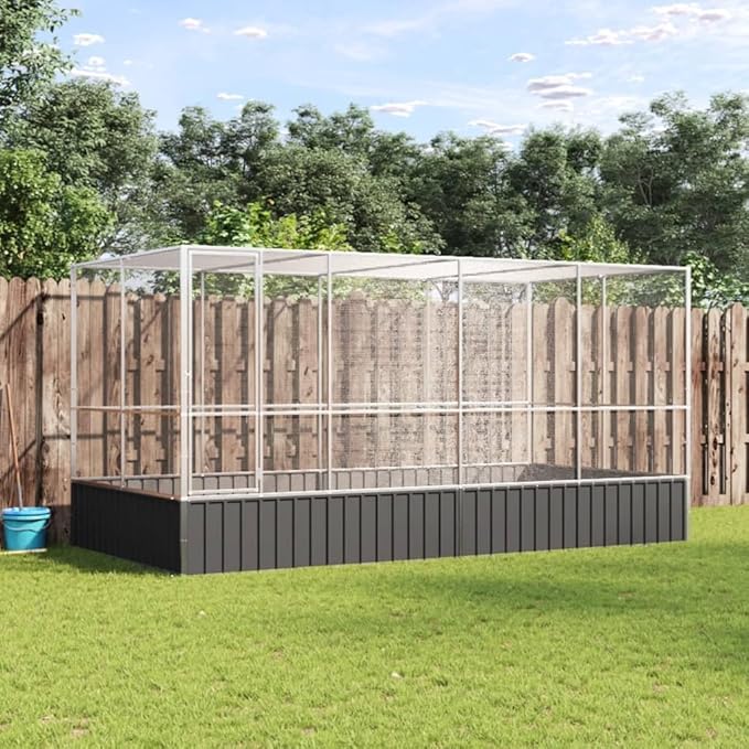 vidaXL Aviary with Extension - Galvanized Steel Bird Cage 164.6"x81.5"x83.5", Large Parrot/Budgie Cage in Silver with Lockable Door, Suitable for Rabbits, Ducks, Chickens
