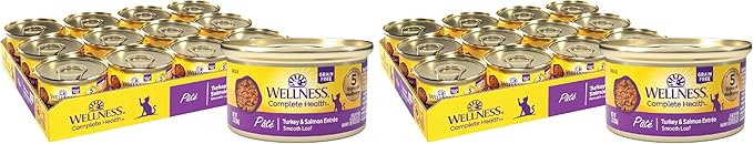 Wellness Complete Health Pate Adult Wet Cat Food,Natural,Protein-Rich,Grain Free,3 Ounce,(Turkey & Salmon),(Pack of 48)