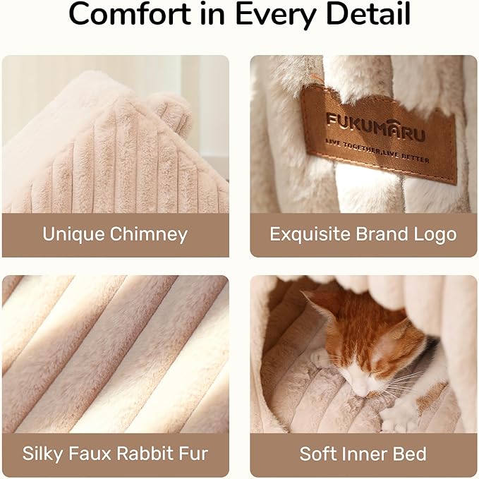 FUKUMARU Cat Houses for Indoor Cats, Washable Cute Cat Bed Cave with Removable Pillow, Large Semi-Enclosed Cozy Dog House Indoor, Soft Faux Rabbit Fur Kitten Bed, 17.5-Inch Cat Hideaway, Pink Grey