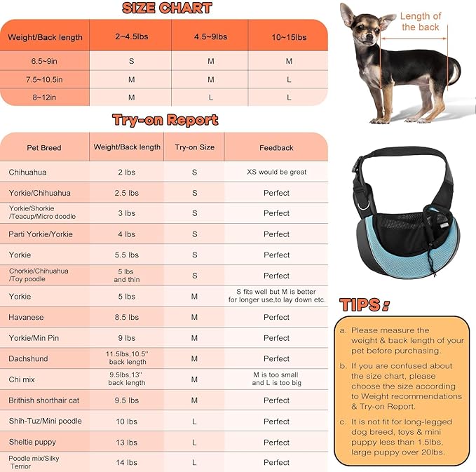 YUDODO Pet Sling Carrier for 2-5 lbs Small Dogs & Cats – Hands-Free Puppy Carrier with Safety Hook, Large Zipper Pocket, Soft Breathable Mesh, Adjustable Strap & Reflective Strip (Cyan 3.0 S)