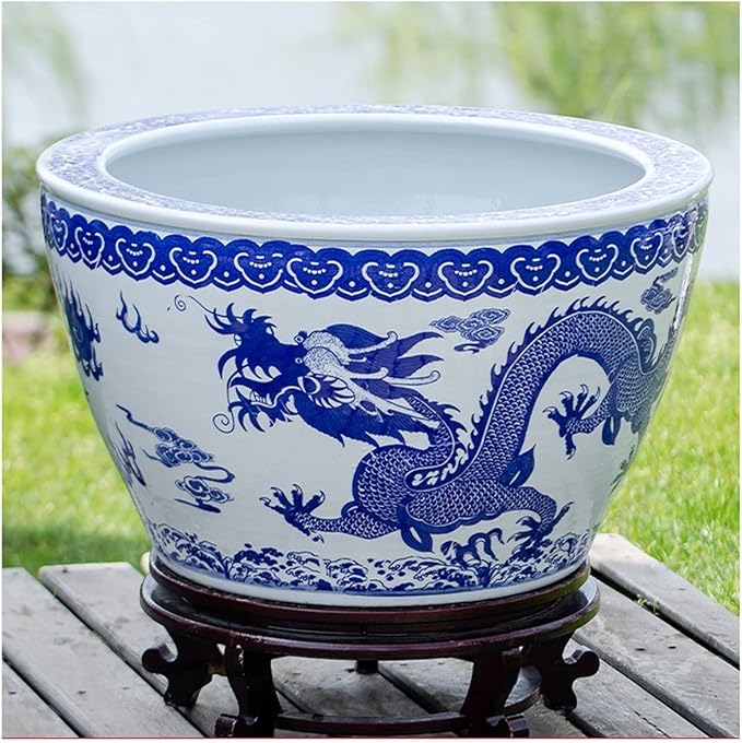 Fish Tabk Chinese Style Blue and White Ceramic Goldfish Bowl Fish Tank Balcony Fish Culture Tank Courtyard Lotus Tank Turtle Tank Aquarium Starter Kits Cool Fish Tank(Color:B,Size:42cm)