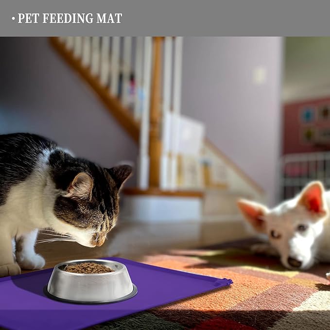 Waterproof Pet Feeding Mat with High Raised Edges, Heavier and Thicker Placemats for Cat Dog Water Bowl with BPA Free, Dogs Cats Food Mats for Messy Drinkers to Prevent Spill and Protect Floors