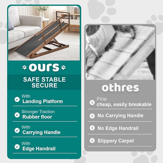 Dog Ramp for Bed, Adjustable Pet Ramps for Dog to Get on Bed, Non-Slip Rubber Surface - Folding Wooden Dog Ramp for Small/Large/Old Dogs, Adjustable up to 27.5 inch High Beds, Safety Railings