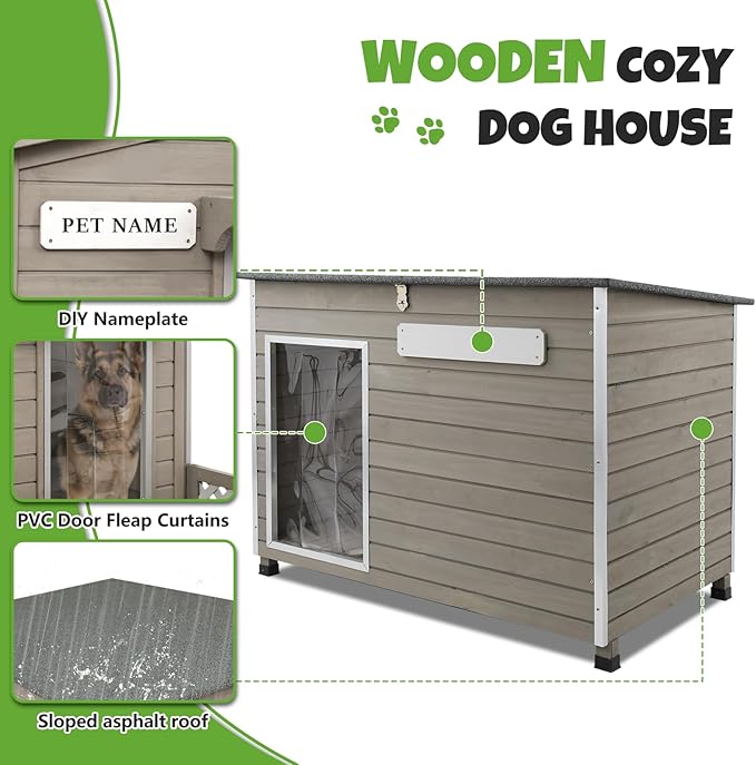 Large Wooden Dog House Outdoor, XL Weatherproof Dog Houses with Adjustable Vent Windows, Alloy Chew-Resistant Frame, Removable Floor for Medium & Large Dogs (43.3" Lx26.4 W x33.7 H)