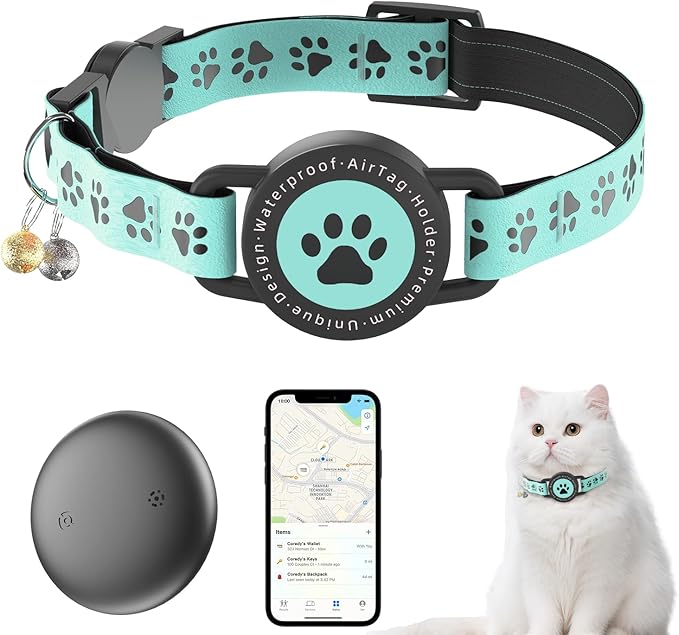 GPS Tracker for Cats, Waterproof GPS Cat Trackers Cats Collar with Bells, No Subscription, GPS Cat Collar, Adapt with Apple Find My (iOS Only) Finder Tag for Vehicles, Pets, Kids (Blue)