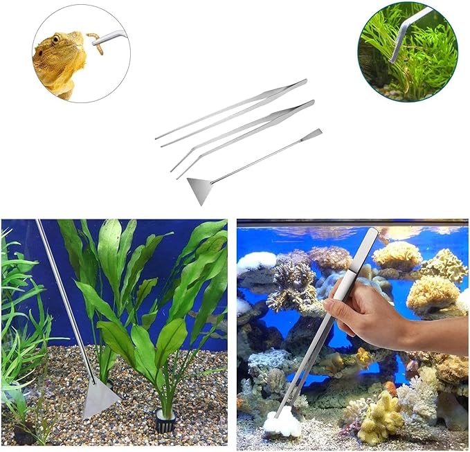 Bettomshin Aquarium Tank Aquatic Plant Tools Sets, 3 in 1 Anti-Rust Aquatic Plant Aquascaping Tool, Stainless Steel Aquarium Tweezers(15inch) and Scrapers, for Fish Starter Kits & Aquariums Tank