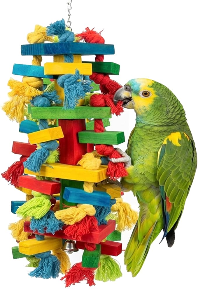 Large Parrot Toys Natural Wood Bird Toy Multicolored Chewing Gifts for Large Medium Macaws, African Grey, Parakeets and Amazon Parrots