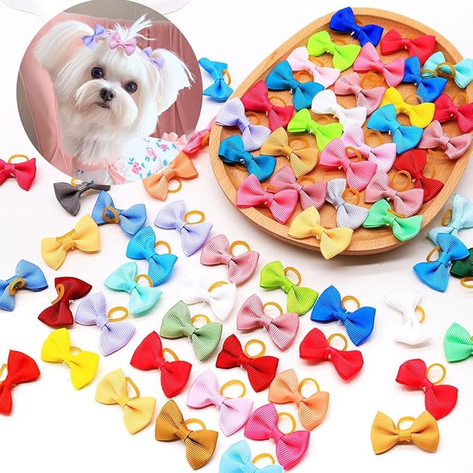 100Pcs(60 Colors) Pure Color Dog Bows with Rubber Bands Small Handmade Topknot Hair Bows for Doggie Puppy Cat Bunny Yorkie Pet Hair Grooming Accessories