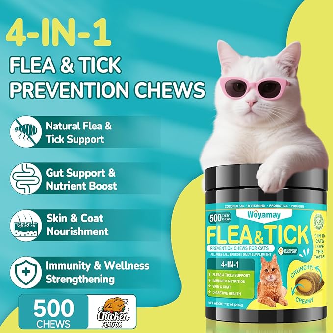 Cat & Dog Flea and Tick Prevention Bundle, 500 Crunchy Dual-Texture Chews Each, Natural 4-in-1 Flea Defense with Skin, Coat, Gut & Immune Support, Oral Daily Flea Treatment for Cats & Dogs